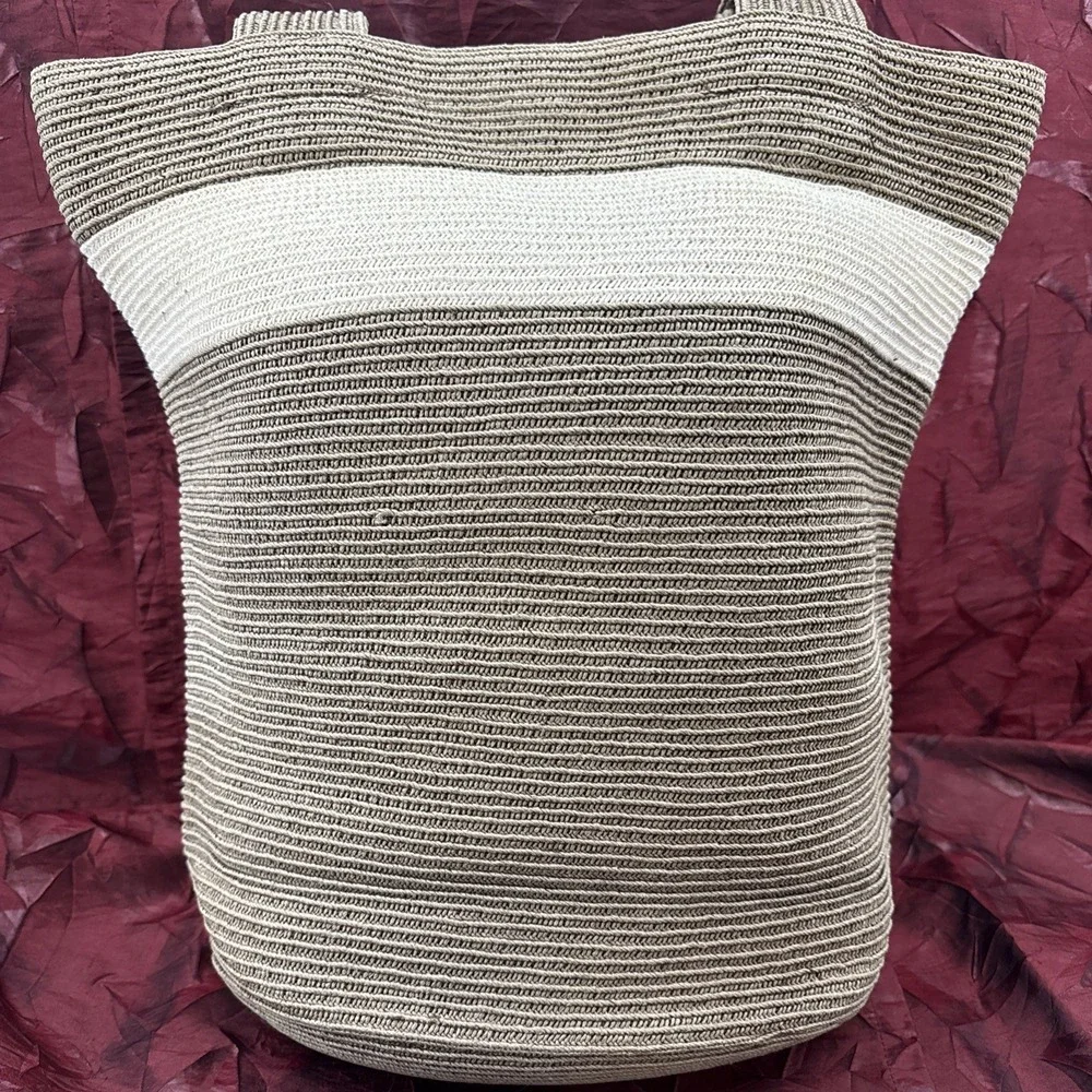Ann Taylor‎ LOFT Woven Crochet Hobo Bucket Bag Tote Neutral Stripe Shoulder Bag